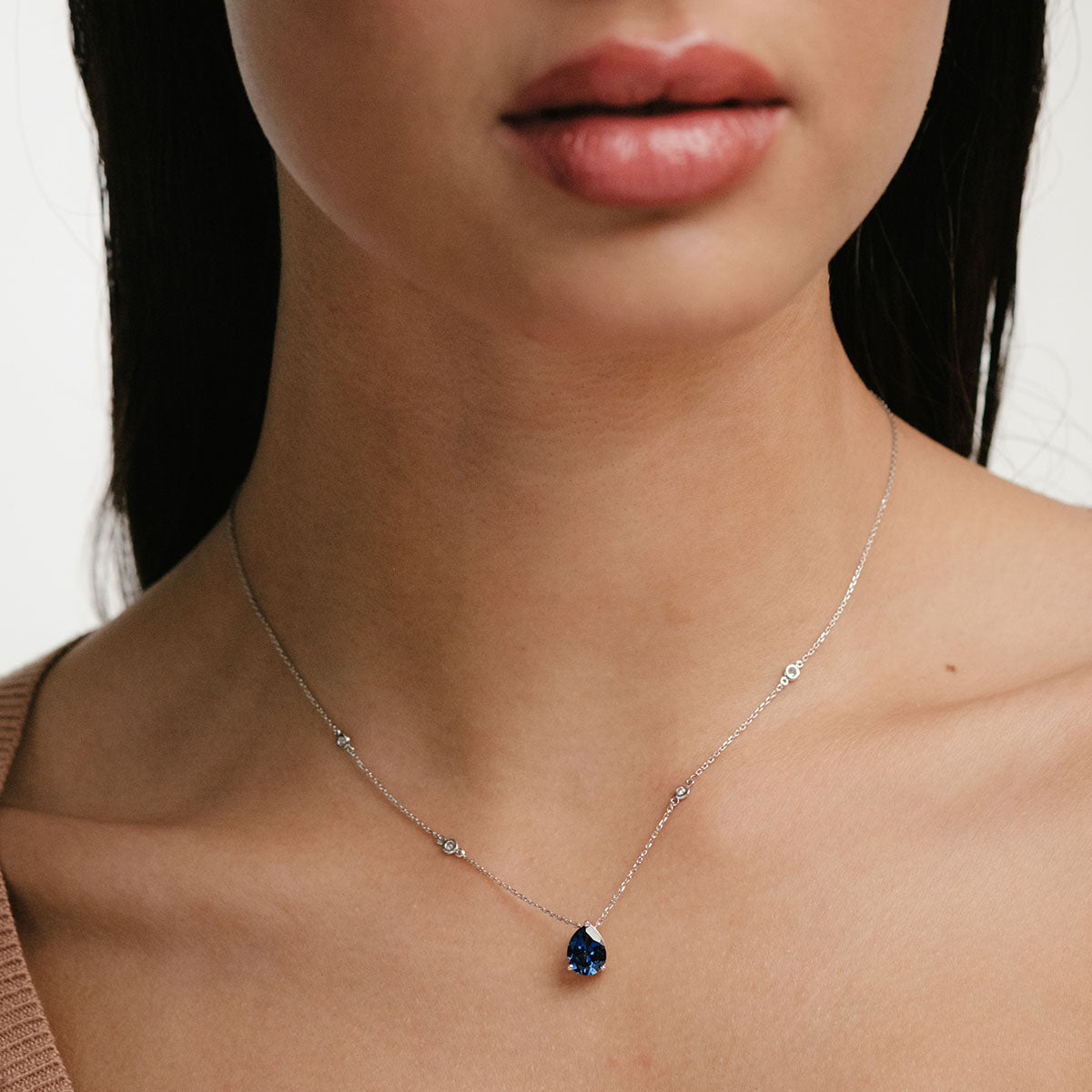 Astra 3.20ct Lab Sapphire and Diamond Solitaire Pear Cut Necklace in Silver